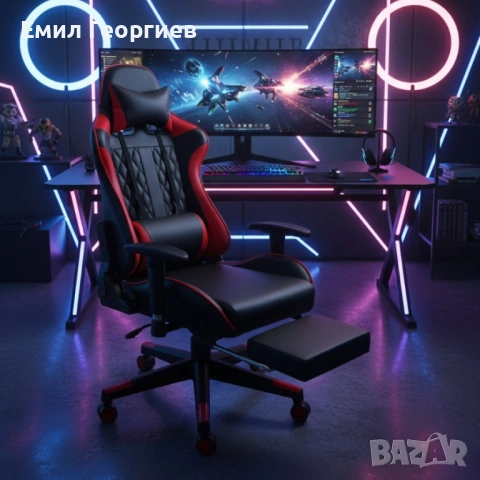 Ергономичен геймърски стол с функция за масаж и подложка за крака - червен, снимка 3 - Столове за офис - 53238046