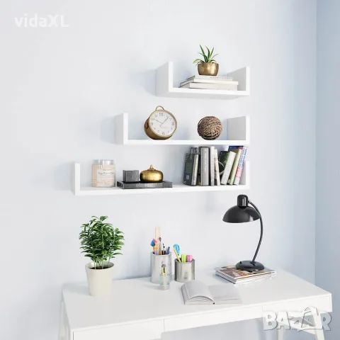 vidaXL Стенни рафтове, 3 бр, бели, инженерно дърво, снимка 2 - Етажерки - 56147751