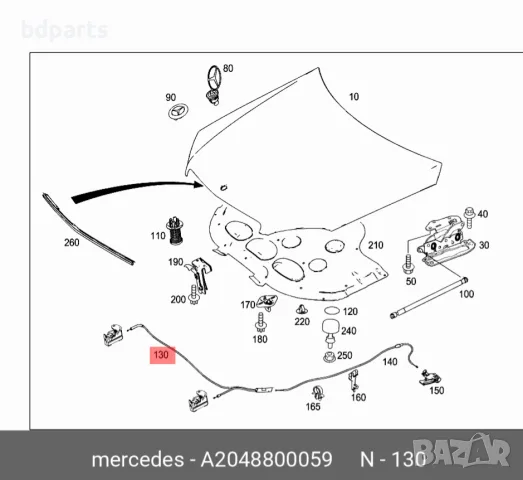 Жило за отваряне на преден капак Mercedes, C-Class W204,, снимка 2 - Части - 56141775