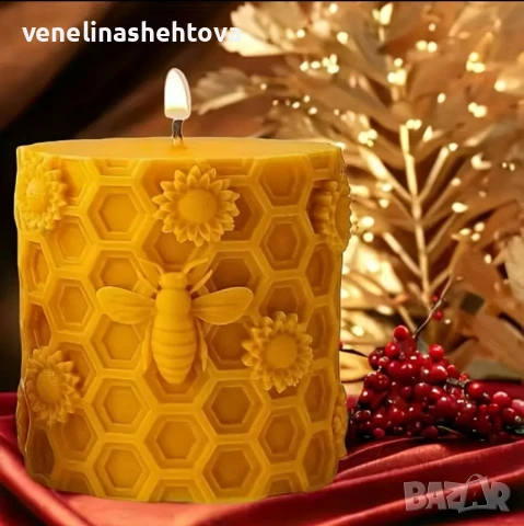3D цилиндър пчелна пита килийки с пчеличка и цветя Силиконов молд форма за свещи гипс сапун смола , снимка 3 - Форми - 50706270