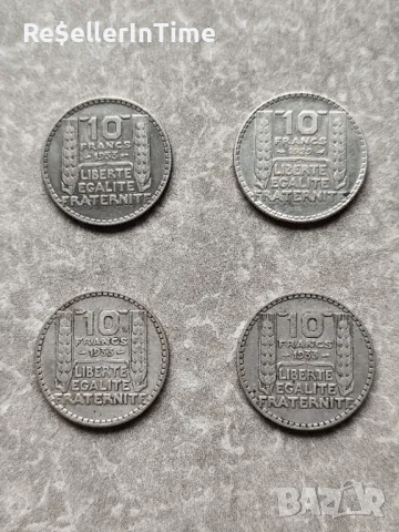 Лот от 4 броя сребърни монети 10 francs 3 от 1933 и 1 от 1929, снимка 1