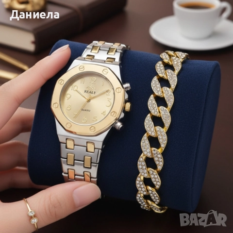 Модерен унисекс часовник със златист циферблат и блестяща гривна, снимка 5 - Други - 51930297