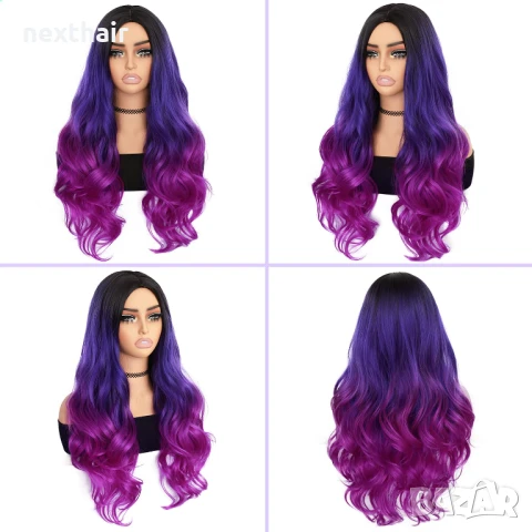 Три цветна перука черно лилаво розова, снимка 6 - Аксесоари за коса - 50649870