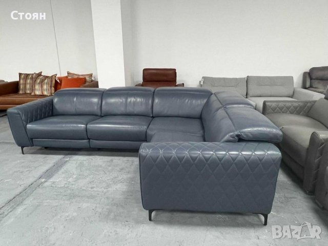 Син ъглов кожен диван с електрически релаксиращ механизъм, снимка 4 - Дивани и мека мебел - 39711931