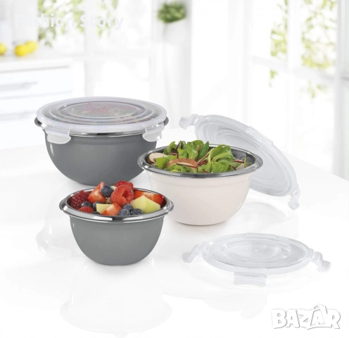 Комплект GOURMETmaxx купи от неръждаема стомана с капаци – 3 в 1 за съхранение и свежест, снимка 3 - Кутии за храна - 51925553