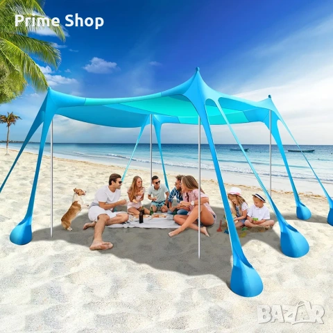 3x3м Плажна тента/ шатра за 8 човека, UPF 50+, 8 торби за пясък, Синя, Rhino Valley