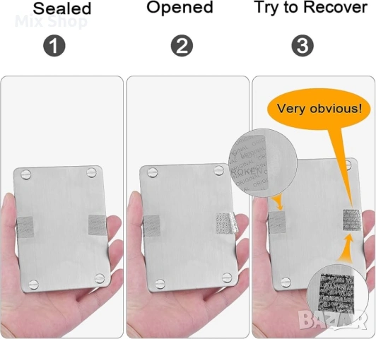 Нов Steel Wallet Crypto Bitcoin Portfolio, криптовалутен портфейл за хардуерно студено архивиране, снимка 6 - Друга електроника - 53887465