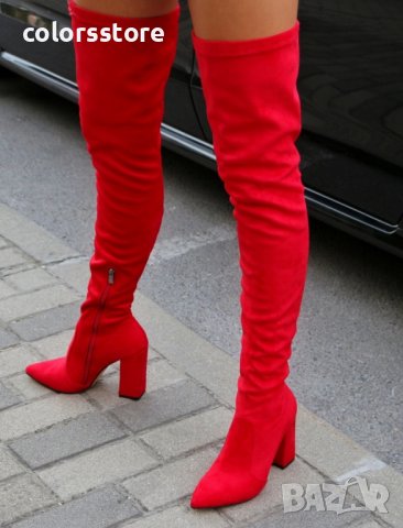 Ботуши на ток - червен велур - O250, снимка 2 - Дамски ботуши - 37098483