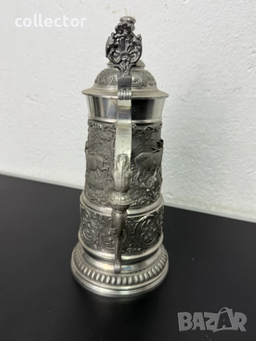 Уникална калаена халба с капак / ловни мотиви. №7460, снимка 4 - Антикварни и старинни предмети - 51988329