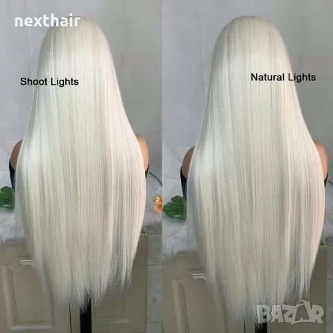 Платинено руса Lace Front перука - дълга права коса 80 см, термоустойчива, дантела 13×4, снимка 8 - Аксесоари за коса - 55949918