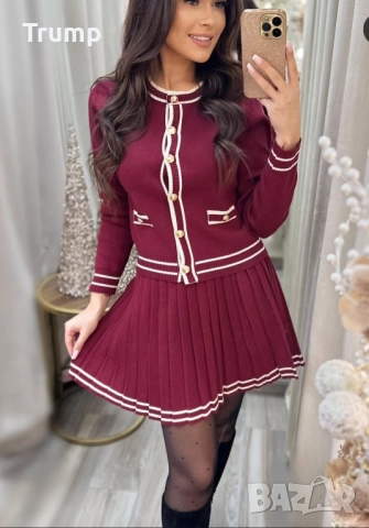 Хит!  Комплект градски шик от пола и скъсена жилетка, фино претиво, бордо, снимка 3 - Комплекти - 51759902