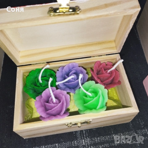 Дървена кутия с  пет ароматни мини рози - свещ, снимка 7 - Подаръци за жени - 53168163