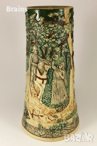 1900's Рицарът И Горска Фея Стара Немска Голяма Керамична Халба Релефна, снимка 2 - Антикварни и старинни предмети - 53167322