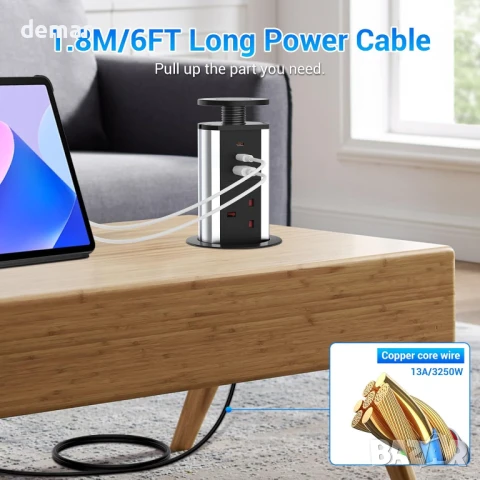 Hanstore Pop Up Socket Издърпващ се разклонител с 3 гнезда, 2 Type-C и 1 USB порт за зареждане, снимка 3 - Други стоки за дома - 50592850