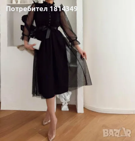 Дълга ефирна черна рокля от тюл и дантела с дълъг ръкав, снимка 2 - Рокли - 56194193