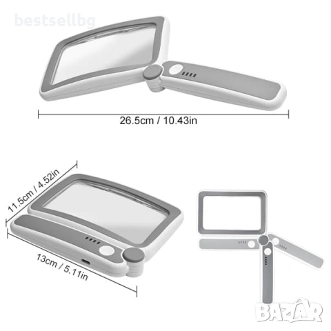 Професионална голяма правоъгълна увеличителна ръчна лупа за четене с LED осветление USB зареждане, снимка 13 - Други инструменти - 53090619