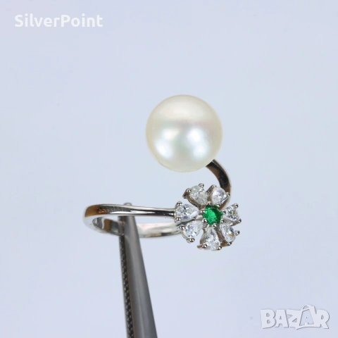 Сребърен пръстен с натурална Перла и Цаворит 