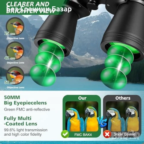 Нов Мощен бинокъл 20x50 FMC BAK4 за лов туризъм и наблюдение с адаптер за телефон, снимка 2 - Екипировка - 54208501