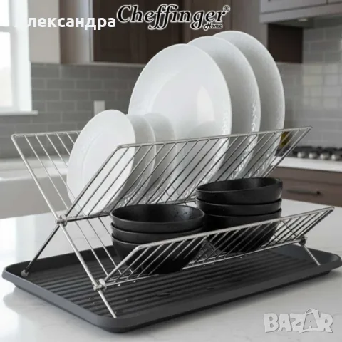 Двуетажен сушилник за съдове Cheffinger от неръждаема стомана с тава за отцеждане