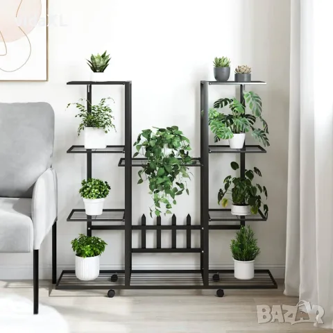 vidaXL Стойка за цветя на колела 94,5x24,5x91,5 см черна желязо, снимка 3 - Саксии и кашпи - 56147166