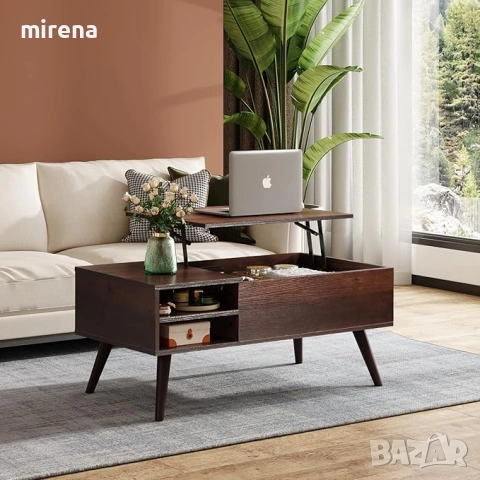 Холна масичка с повдигащ се плот регулируем рафт дърво череша еспресо., снимка 2 - Маси - 53238373