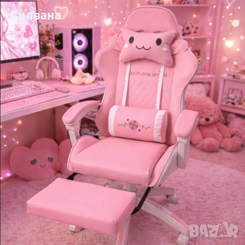  Ергономичен розов геймърски стол с поставка за крака , снимка 2 - Столове - 53959659