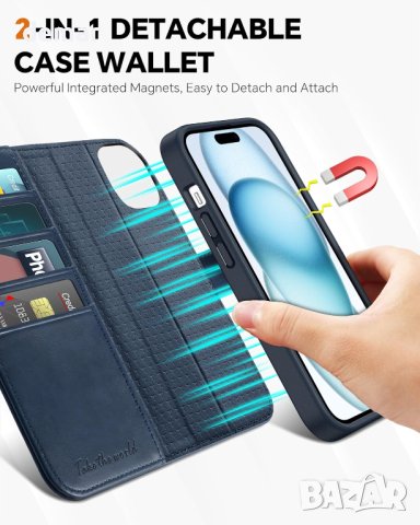 Калъф TUCCH за iPhone 15 Plus (6,7") 2023, 2 в 1 портфейл, тъмно син, снимка 3 - Калъфи, кейсове - 42355379