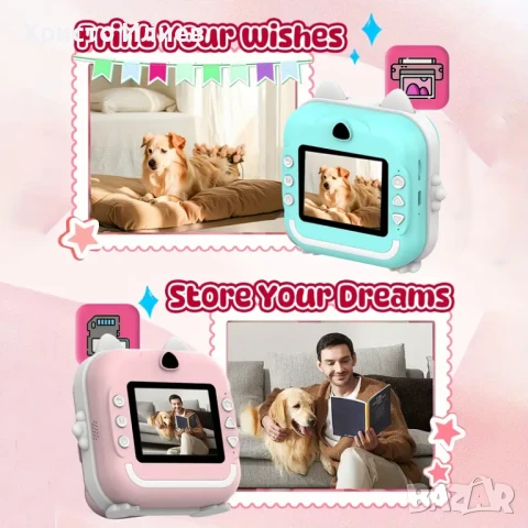 Детски Фотоапарат за моментни снимки за деца Мини термопринтер Син Розов светещи уши, снимка 5 - Фотоапарати - 50483840