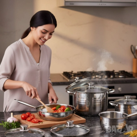 Комплект съдове от неръждаема стомана – 12 части - Готви като професионалист у дома, снимка 2 - Съдове за готвене - 52086682