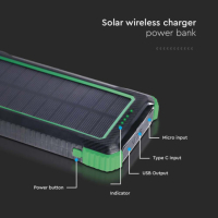Външна батерия 10000 mah безжично зареждане Power Bank, соларна с фенер V-TAC, снимка 7 - Външни батерии - 44512469
