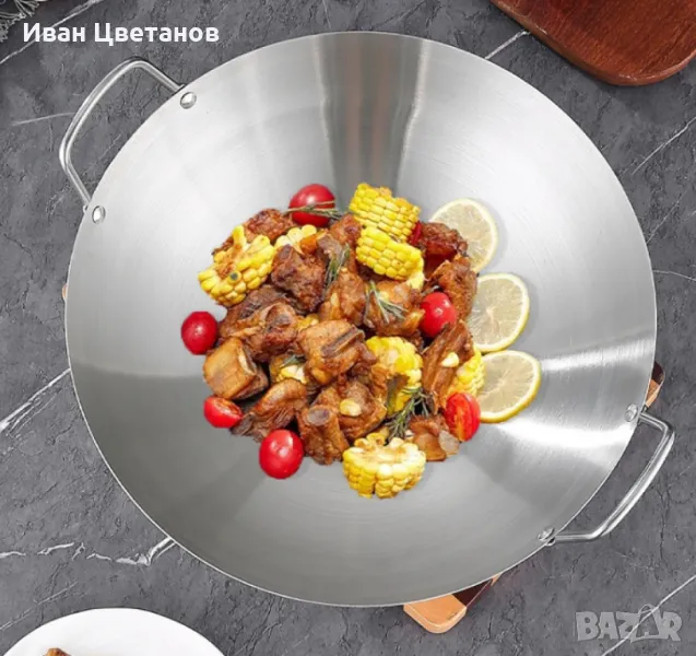 Желязна уок тенджера с двойни уши от неръждаема стомана с кръгло дъно, снимка 1