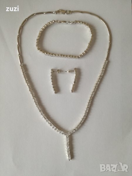Комплект с бели циркони, колие, гривна и обеци. Сребро проба 925. , снимка 1