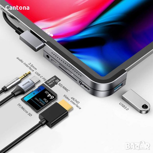 USB C хъб, Baseus 6-в-1, 4K HDMI, USB-C PD зареждане, SD/Micro Card Reader, USB 3.0 и 3.5 мм, снимка 1
