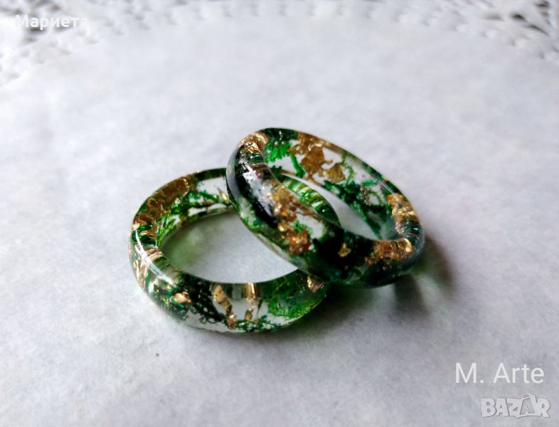 Пръстен от бижутерска смола, мъх и златен лист Бижута Ръчна Изработка , снимка 1