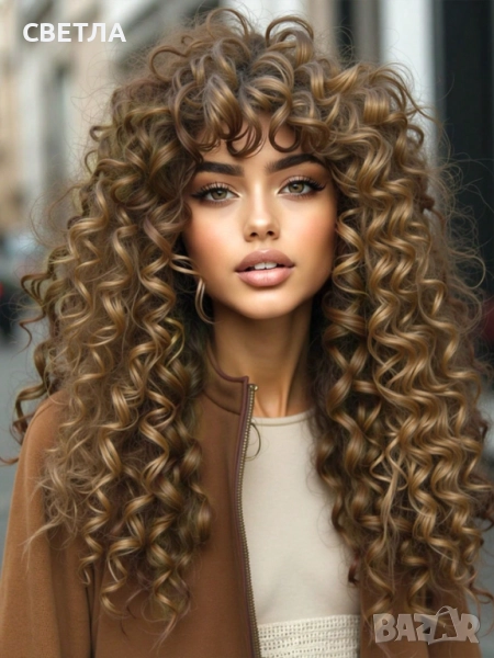 Дълга перука, Светло кафява перука, Къдрава перука, Тъмно руса перука., снимка 1
