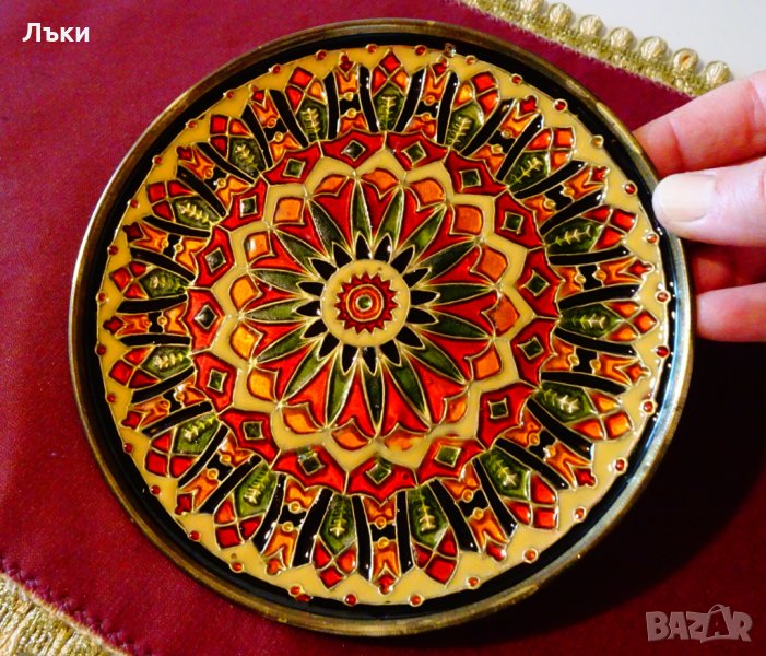 Бронзова чиния,пано 17 см.,клетъчен емайл Клоазоне. , снимка 1