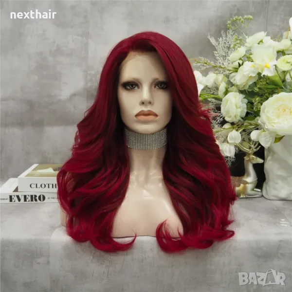 Луксозна бордо бургунди перука с дълбоки вълни и дантела лейс фронт, снимка 1