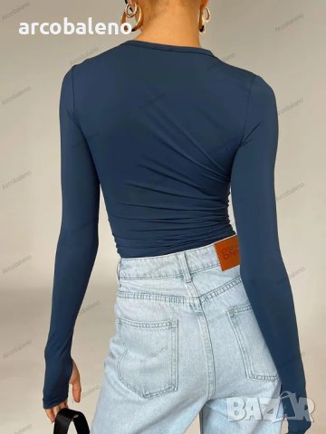 Дамска едноцветна Hot Girl Slim Fit тениска с кръгло деколте и дълъг ръкав, 8цвята, снимка 9 - Тениски - 42771314