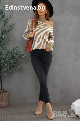 Дамски пуловер в бежов цвят със зебра принт и голо рамо, снимка 9 - Блузи с дълъг ръкав и пуловери - 42781498