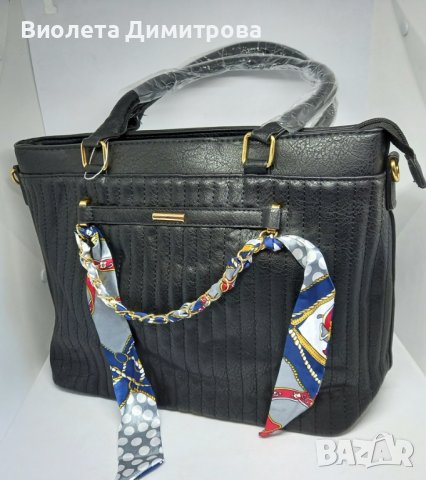 Черна дамска чанта с две дръжки и панделка, снимка 2 - Чанти - 38408026