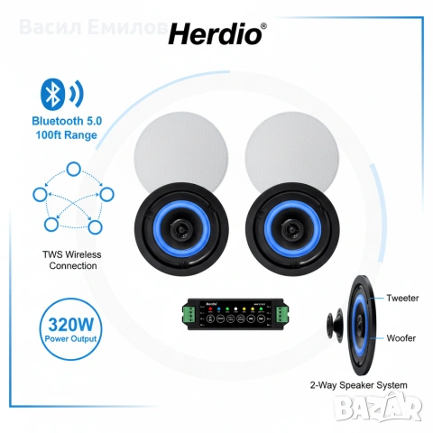 Herdio 4" Bluetooth таванни високоговорители 320 вата, 2-лентови, снимка 2 - Bluetooth тонколони - 53961009