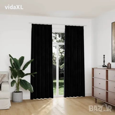 vidaXL Затъмняващи завеси с куки, 2 бр, кадифе, черни, 140x225 см, снимка 2 - Пердета и завеси - 56146021
