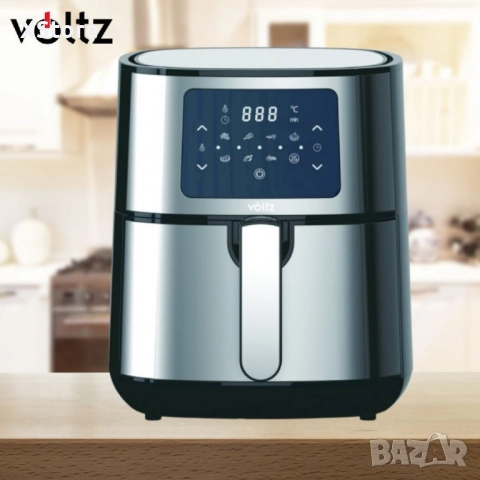 Фритюрник AirFryer Voltz, 1400W, 5.5 литра, Горещ въздух, Таймер, до 200°C, Сив, 2 ГОДИНИ ГАРАНЦИЯ