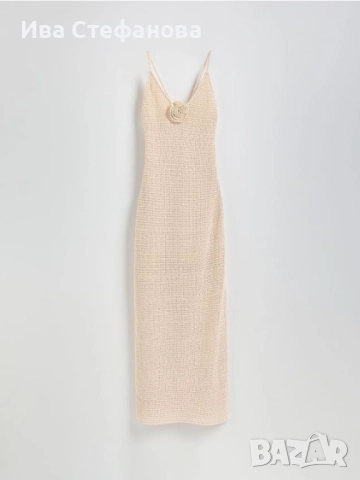 Нова фабрично плетиво дълга елегантна бежова екрю рокля 3D 3Д цвете, снимка 2 - Рокли - 49020855