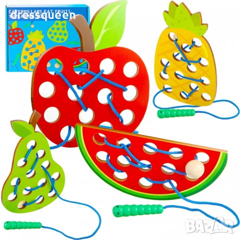 3576 4 бр. дървени плодове с отвори и шнур за нанизване, снимка 3 - Образователни игри - 37773125