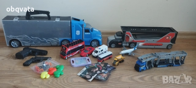 ЛОТ детски играчки: камиони автовози + пистолети със стрели+ коли
