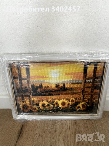 Гоблен с мъниста, 38 х 28 см, в рамка, поле със слънчогледи, снимка 3 - Гоблени - 53223388