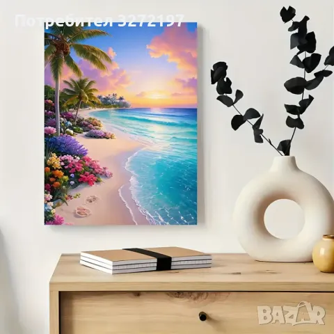 Картина на платно с дървена рамка-Плажна Сцена със Залез и Цветя,30x40 см., снимка 5 - Картини - 48465511