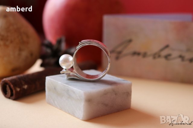 Стилен и елгантен сребърен пръстен с перла - модел R017A, снимка 5 - Пръстени - 30736699