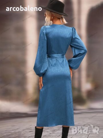 Дамска едноцветна миди рокля с V-образно деколте и дълги ръкави, 5цвята -023, снимка 10 - Рокли - 39756420